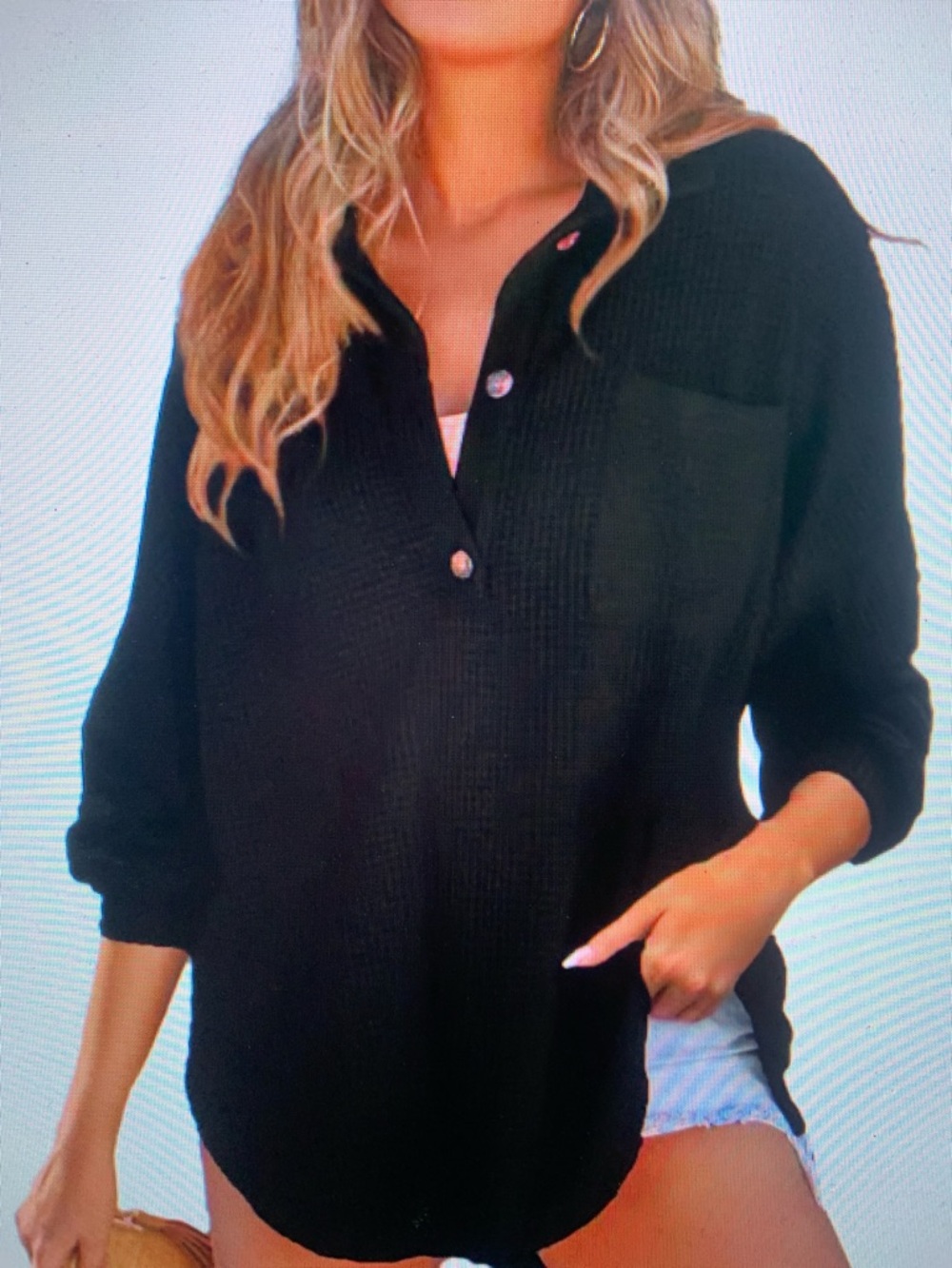Black Women's Button-Neck Lightweight Knit Top